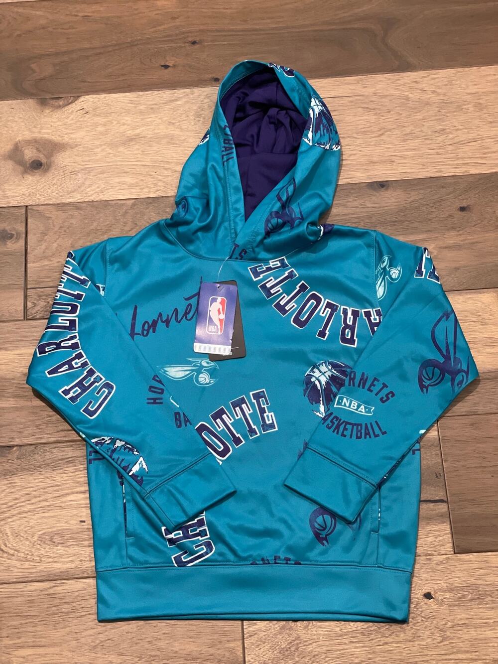 NBA Official Charlotte Hornets Kids Hoodie Size L Black Teal NWT